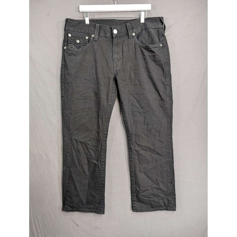 True Religion Mens Straight WFLP Black Grey Logo Jeans 36 MCZ859BJ9